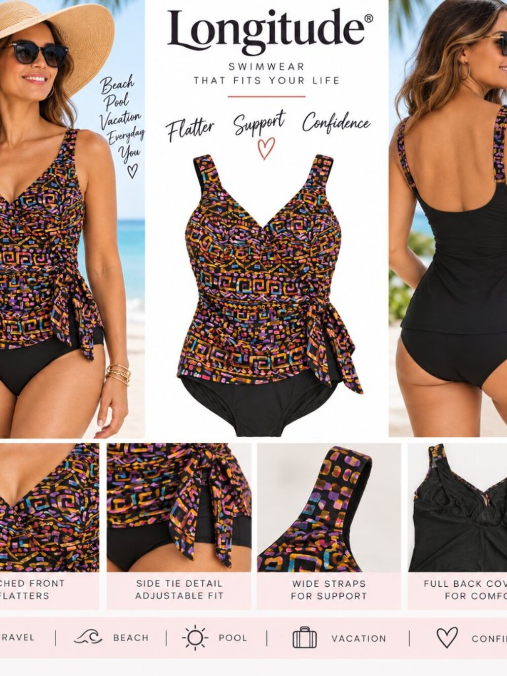 Longitude Women’s One Piece Faux Wrap Colorful Patterned Swimsuit Size 24